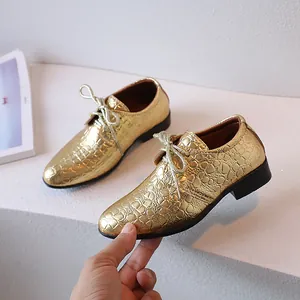 Golden embossed crocodile pattern leather dress shoes for boys with sparkling laces