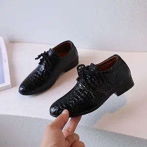 Classic black boys' oxford shoes with crocodile pattern leather and lace-up design