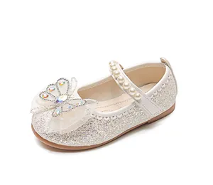 Détails de chaussures de princesse pour filles avec paillettes, perles et nœud strass