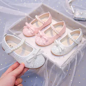 Girls Princess Mary Jane Shoes Bow Artificial Pearl Glitter Flat Single Shoes For Wedding Party Casual Dress Shoes