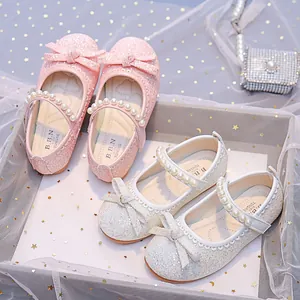 Sparkly sequin girls Mary Jane shoes with elegant pearls and bowknot in pink and white