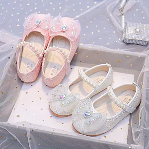 Chaussures de princesse pour filles avec nœuds à paillettes et brides en perles rose et blanc