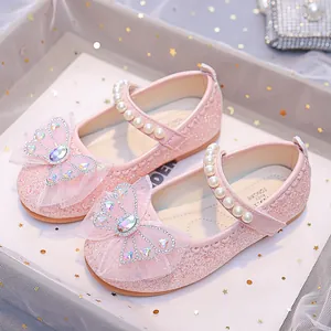 Chaussures Mary Jane roses à paillettes pour filles avec nœud et bride en perles