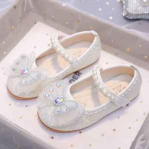 Chaussures princesse blanches pour filles avec nœud en dentelle et perles brillantes