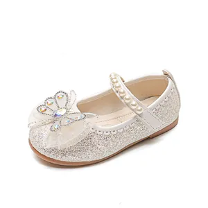 Chaussures princesse beige brillant pour fille avec papillon en strass et perles