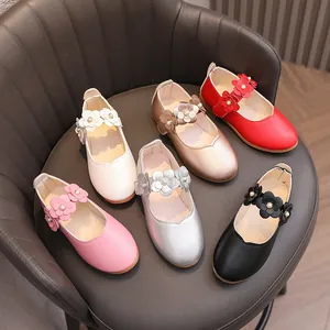Mädchen Mary Jane Prinzessin Schuhe Mit Künstliche Perlenimitat Blumen Dekor Weiche Sohle Metallic Gold Silber Halbschuhe Für Hochzeit Party