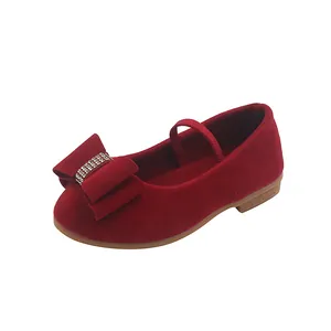 Velvet girls Mary Jane shoes in wine red with a sparkling rhinestone bow detail