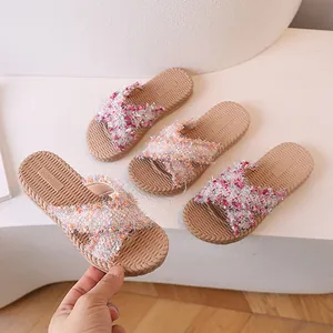 Pantofole a Fascia Incrociata Stile Fairy Donna Bambini Suola in Corda di Canapa Intrecciata Sandali da Spiaggia con Paillettes e Peluche Scarpe Estive Casual