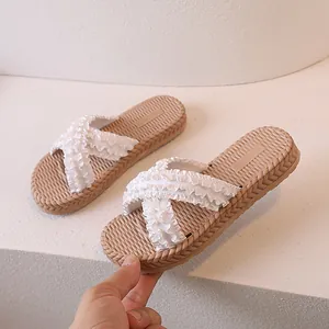Women's white ruffle strap slide sandals with beige woven texture anti-slip sole