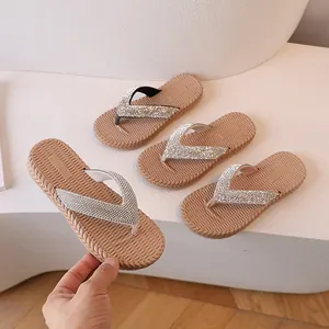 Women Girls Fashion Rhinestone Flip Flops Summer Beach Slippers With Woven Texture Anti-slip EVA Sole Casual Thong Sandals