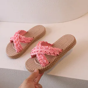 Pink ruffled cross-strap sandals with non-slip straw texture sole for summer