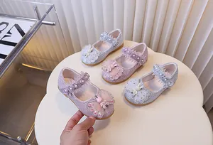 Chaussures Mary Jane pour filles avec paillettes, dentelle et jolis nœuds en perles