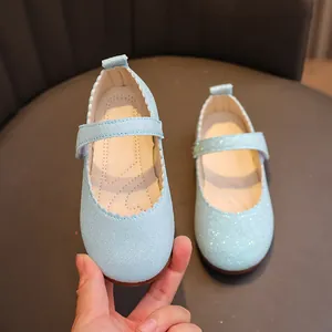 Chaussures princesse Mary Jane bleu clair pailletées pour filles avec bride velcro facile