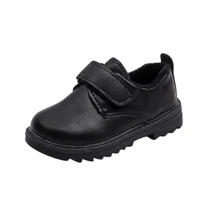 Chaussures d'école classiques en cuir noir pour garçon avec bride velcro et semelle épaisse