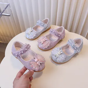 Chaussures Mary Jane Princesse pour Petites Filles Paillettes Chaussures Habillées pour Mariage Fête Avec Nœud Lapin Künstliche Perle Dentelle Velcro Semelle Souple