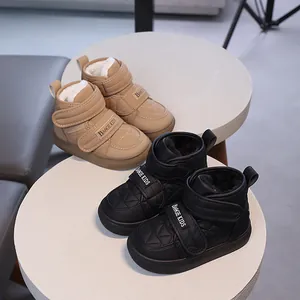 Bottes de Neige d'Hiver pour Enfants Imperméables Similicuir Doublées Peluche Chaudes Chaussures Velcro Antidérapant