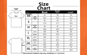 Detailed size chart for t-shirts including chest, shoulder, and length measurements