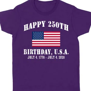 Purple USA 250th anniversary cotton t-shirt with July 4 1776-2026 flag graphic