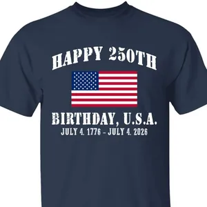 Navy blue casual T-shirt featuring the USA 250th anniversary commemorative July 4 flag print