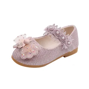 Chaussures princesse roses scintillantes pour filles avec dentelle et nceud rose 3D