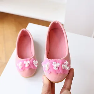 Pink suede princess shoes for girls with floral pearl embellishments and soft soles