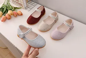Flat Mary Jane shoes for girls with glitter finish and faux pearl rhinestone straps