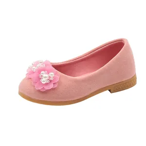 Pink suede girls princess shoes with delicate mesh flowers and pearl beads on soft sole