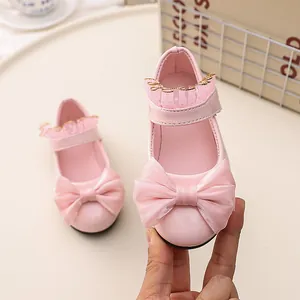 Pink glossy patent leather girls princess shoes with layered mesh bow and lace trim