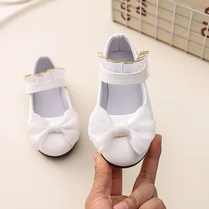 White girls Mary Jane shoes with large bow and lace ankle strap for formal occasions