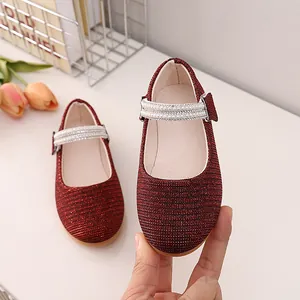Sparkly red sequin girls' princess shoes with pearl rhinestone straps for parties