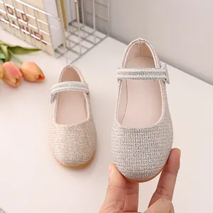 Champagne gold sequin Mary Jane shoes for girls with elegant triple row pearl straps