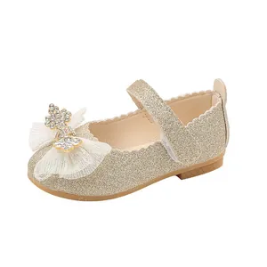 Zapatos de princesa Mary Jane con purpurina dorada y lazo de corona para niñas