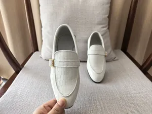 Detailed macro view of white crocodile embossed leather loafer with gold metal buckle