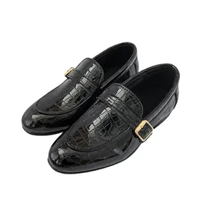 Classic black crocodile patterned loafers for boys with shiny finish and gold metal buckle