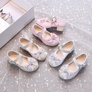 Chaussures de princesse Mary Jane pailletées avec nœuds en dentelle pour filles en rose et argent