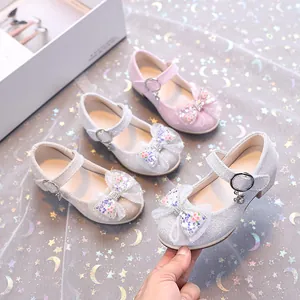Chaussures Mary Jane scintillantes pour filles avec nœud en tulle et paillettes dorées