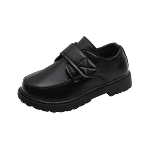 Classic boys black leather school shoes with velcro strap and non-slip rubber sole