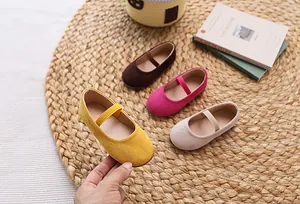 Detailed top view of colorful suede Mary Jane shoes for girls in four soft pastel shades