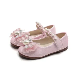 Scarpe da principessa rosa glitterate per bambine con fiocco in tulle e perle