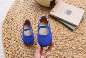 Detail of girls royal blue suede ballet flats with elastic strap on a rustic background