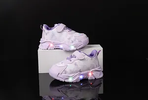 Detail of purple LED light-up sneakers for girls with butterfly patterns and soft soles