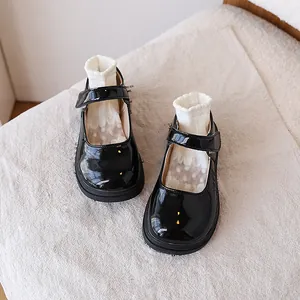 Girls Black Patent Leather Mary Jane Shoes Round Toe Hook And Loop School Academy Kids Uniform Dress Shoes Academy Style