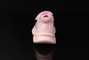 Rear view of pink and purple gradient girls heart sneakers with reflective pull tabs