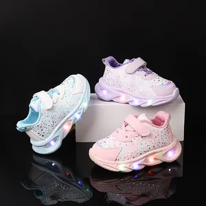 Girls LED Light-up Sneakers Floral Butterfly Princess Shoes Velcro Synthetic Leather Casual Fashion Walking Sport Shoes