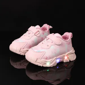 Pink cartoon girls sneakers with butterfly patterns and LED light-up thick soft soles