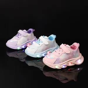 Girls LED light-up sneakers with holographic heart pattern and velcro straps in three colors