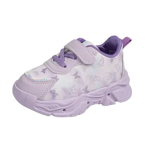 Girls' purple butterfly cartoon sneakers with breathable mesh and soft anti-slip soles