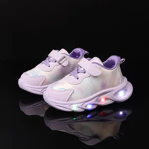 Kids purple LED sneakers with heart print, breathable fabric and non-slip light-up sole