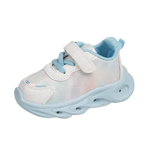 Girls fashion LED sneakers with heart print and breathable soft sole in blue and white
