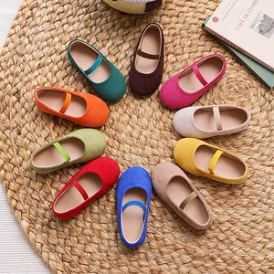 Girl's Mary Jane Shoes Kids Candy Color Round Toe Flat Single Shoes Nubuck Texture Elastic Band Dance Performance Shoes